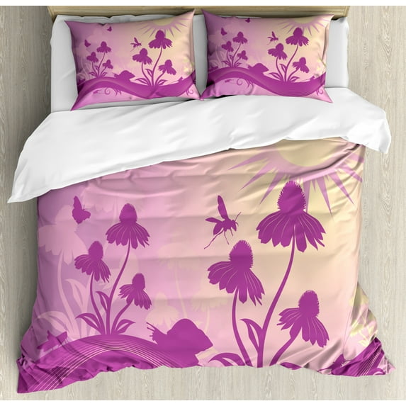 Coneflower Duvet Cover Set King Size, Illustration of Flower Silhouettes Butterflies Snail and Sun Beams, Decorative 3 Piece Bedding Set with 2 Pillow Shams, Fuchsia and Champagne, by Ambesonne