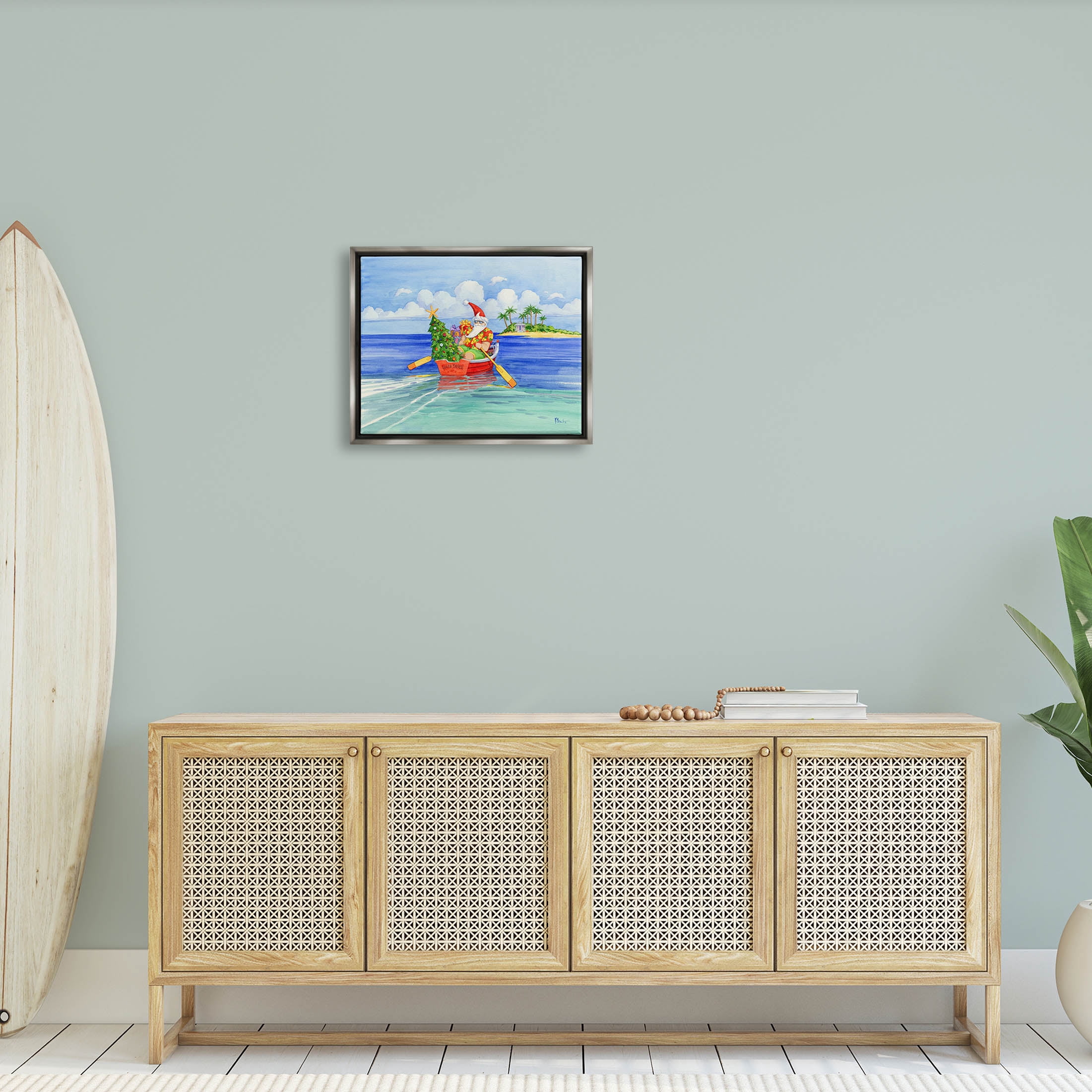 Stupell Industries Santa's Delivery Tropical Christmas Boat Painting Luster Gray Floating Framed Canvas Print Wall Art, Design by Paul Brent