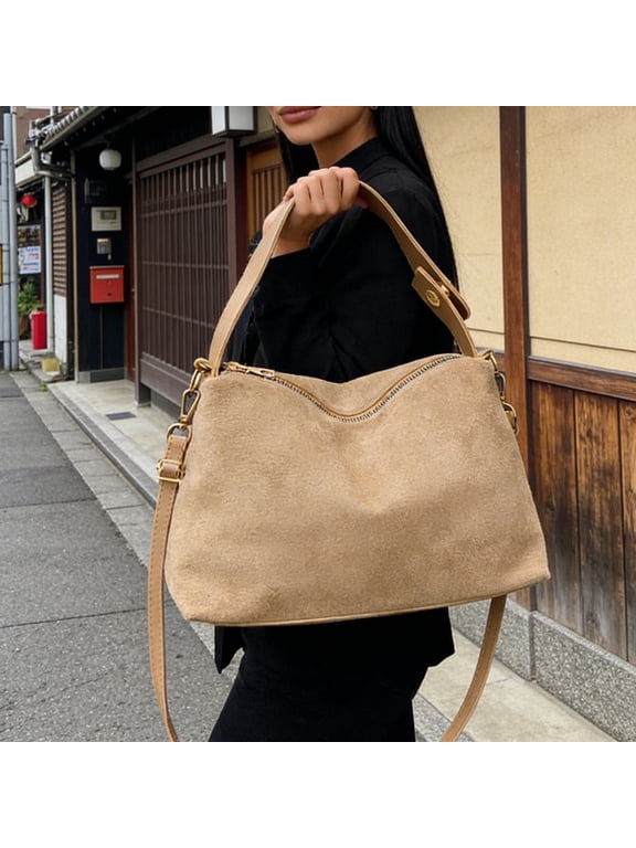 Women Faux Leather Tote Bag Large Capacity Shoulder Crossbody Purse with Zipper for Office Travel Khaki