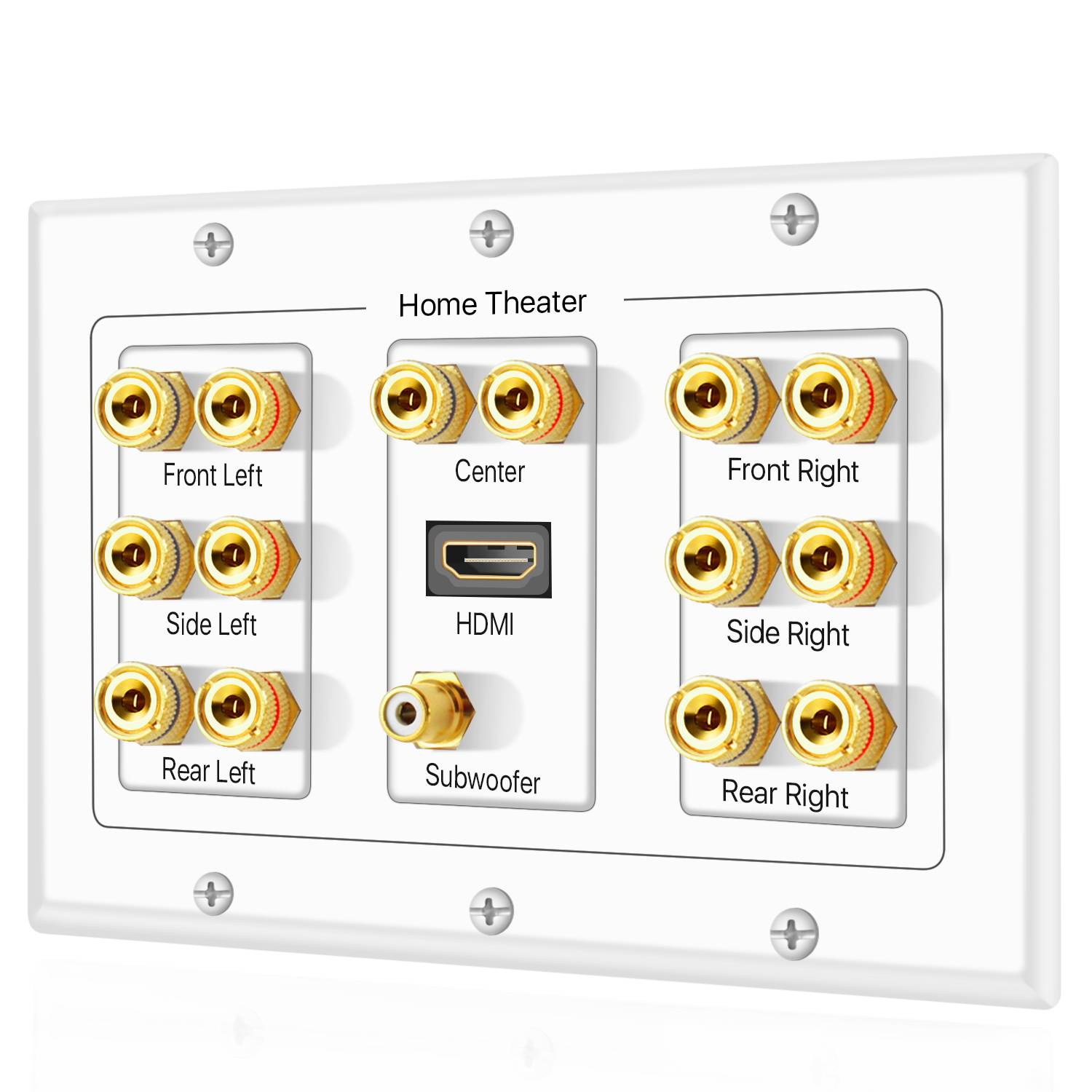 Home Theater Speaker Wall Plate Outlet - 7.1 Surround Sound Audio Distribution Panel, Gold Plated Copper Banana Plug Binding Post Coupler, RCA LFE Jack for Subwoofer, HDMI 4K ARC/eARC Full HD (3-Gang) - image 3 of 5