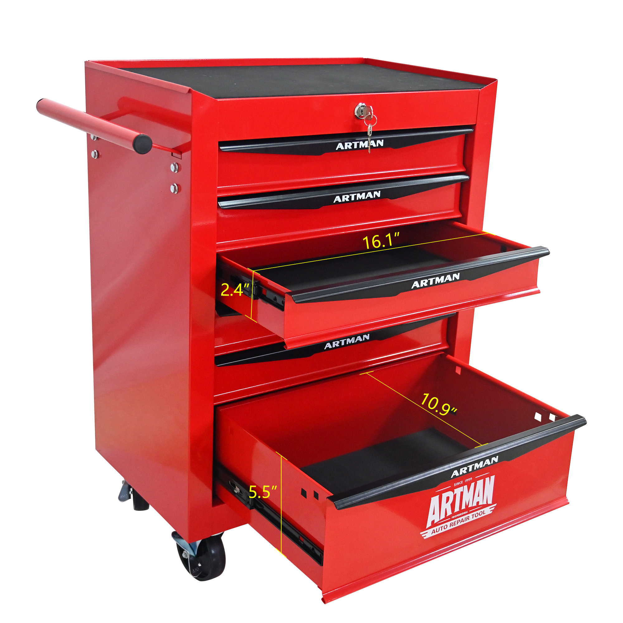 E-Western Rolling Metal Tool Chest with 6 Drawers 20 Inch Steel Storage Cabinet on Wheels Red Black 4 Casters Lockable Durable Heavy Duty