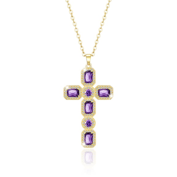 Linawe Amethyst Purple Necklace Cross Charm Necklace for Women Trendy, Gold Plated Chain Crystal Imitation Diamond Birthstone Cubic Zirconia Pendant Necklace, Catholic Religious Gifts