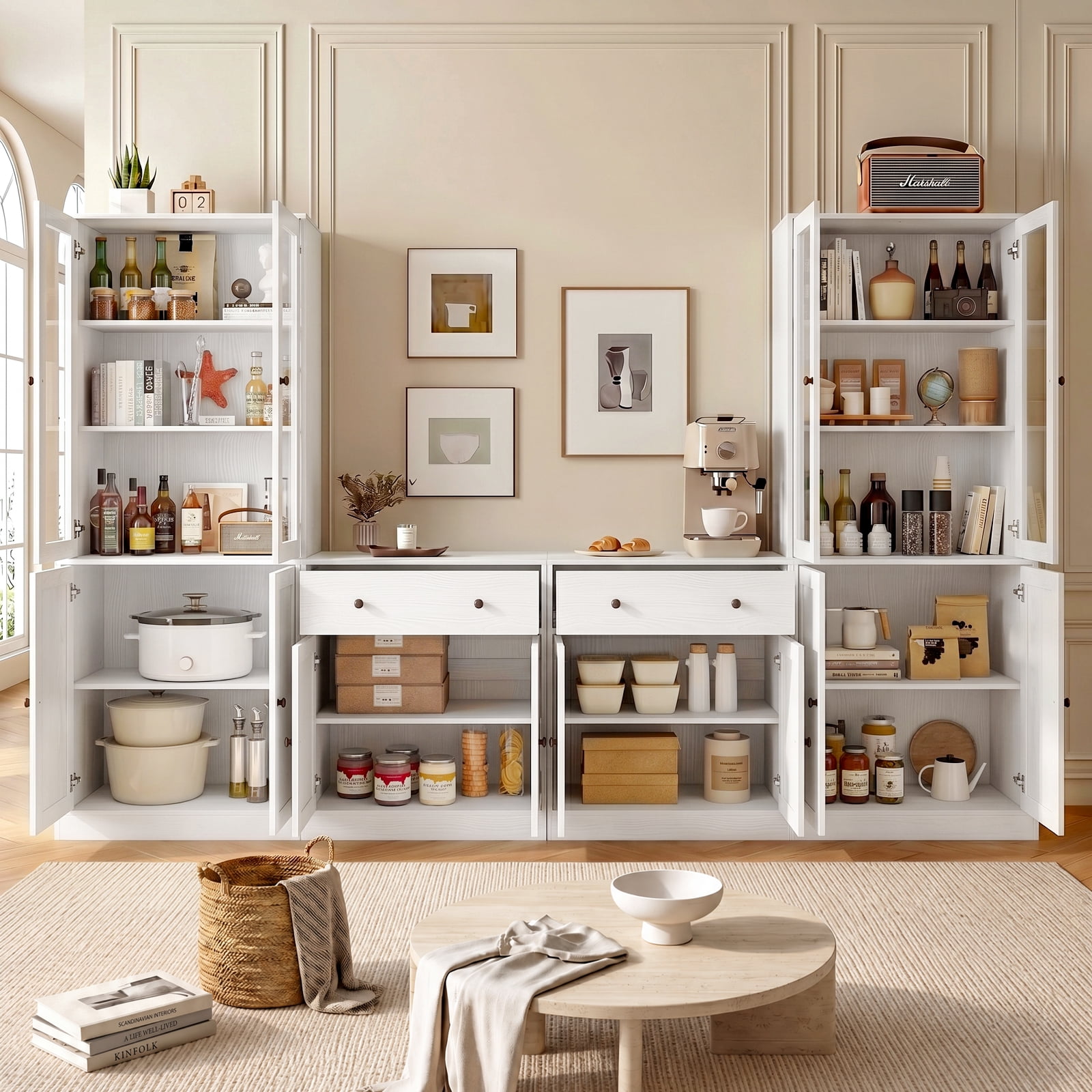 RichYa Kitchen Pantry Storage Cabinets,94.4''W Modular Furniture Cabinets with Hutch,Sideboard Buffet Cabinet with Doors and Shelves for Dining Room,Living Room,White
