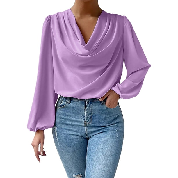 Blusa de gasa para mujer con cuello en V, volantes, pliegues y mangas acampanadas, blusa holgada informal para otoño