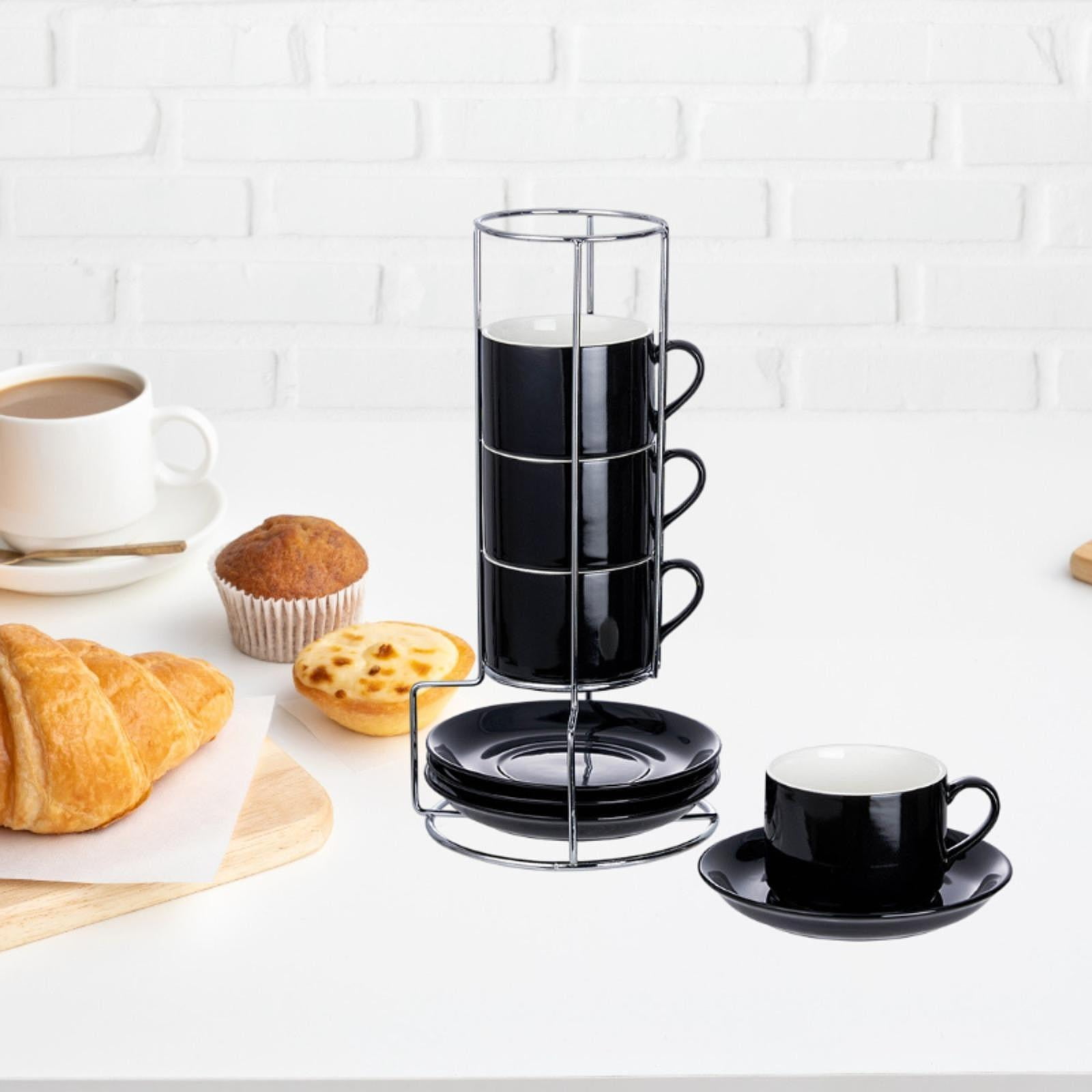 Esquirla Ceramic Espresso Cups Coffee Cups,Sturdy,Porcelain,Espresso Mugs with Saucers and Metal Stand Stackable for Cappuccino Coffee 5OZ