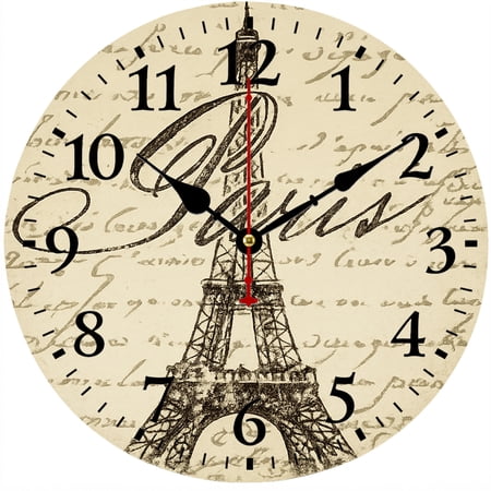 Vintage Paris Eiffel Tower Wall Clock 9.84 Inch, Decorative Round Analog Clock with Easy to Read Numbers, Battery Operated French Wall Decor for Living Room Bedroom Kitchen Office