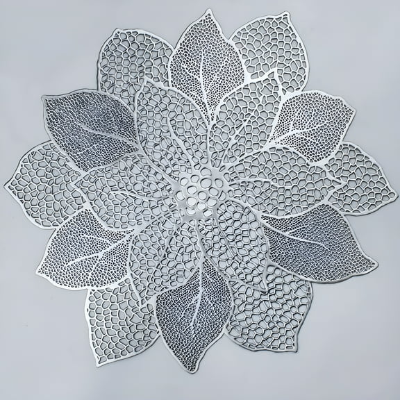 LAMIRO Gold Round Placemats for Dining Table Set of 6 Pressed Vinyl Metallic Table Mats Hollow Out Hibiscus Flower Place Mats for Dinner Table Decor Holiday Wedding Accent Centerpiece