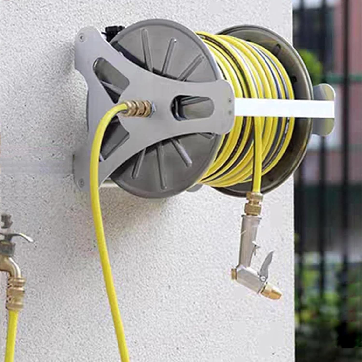 Stainless Steel Garden Hose Holder Kit, Professional Metal Hose Reel, Freestanding Garden Hose Reel with 360° Rotatable Handle, Holds 50M Hose Capacity, for Yard Garden Farm and Patio