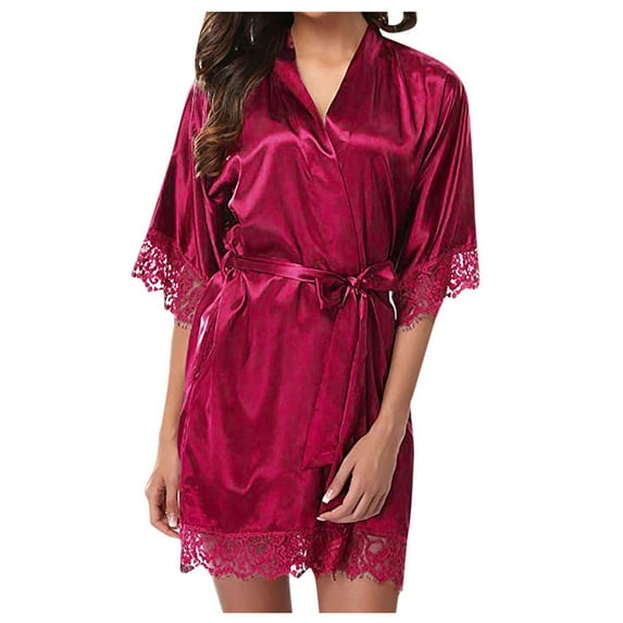 Women's Bathrobe Sexy Lace Sleepwear Satin Nightwear Soft Lingerie Pajamas Suit