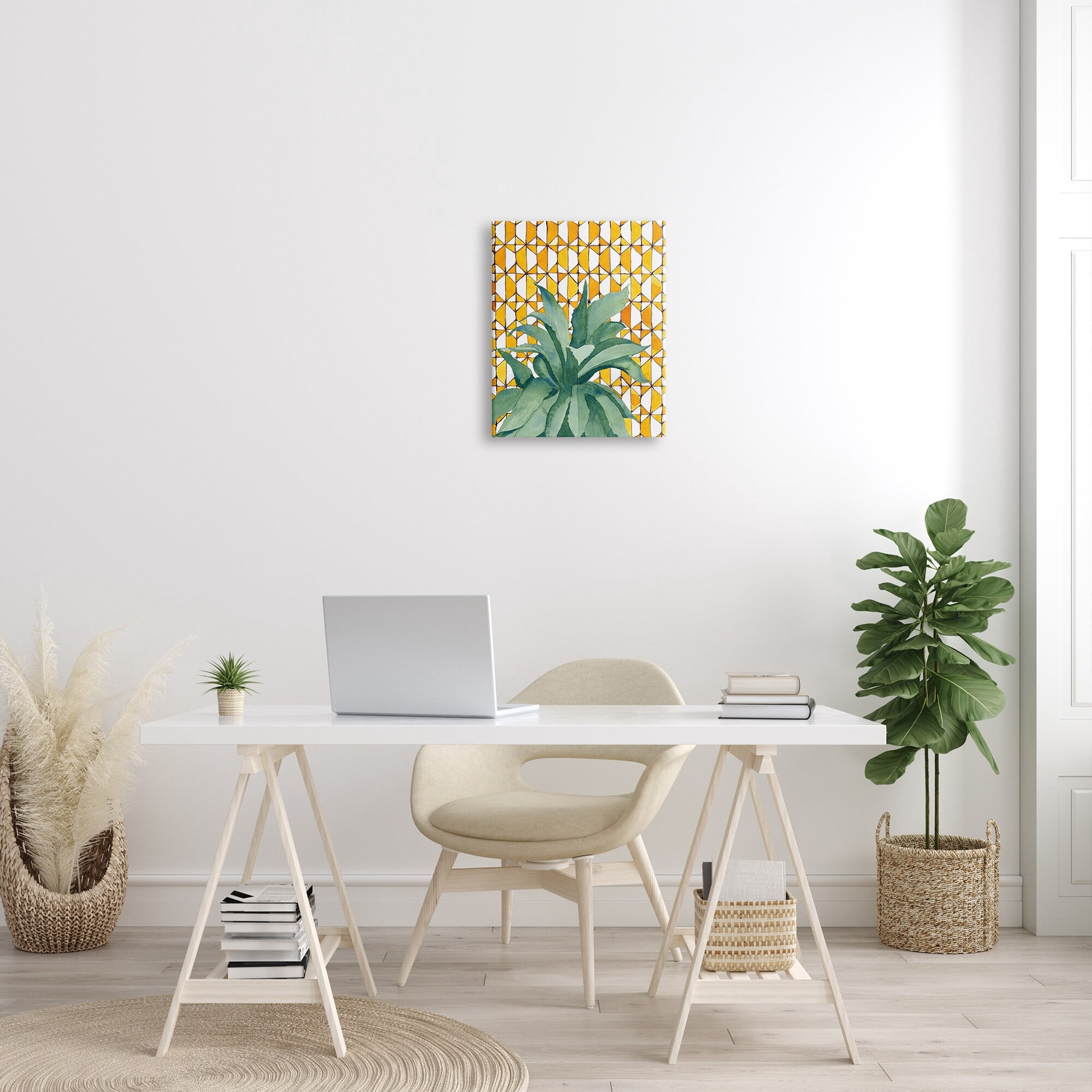 Stupell Industries Tropical Plant Fronds over Geometric Yellow Pattern Botanical & Floral Painting Gallery Wrapped Canvas Print Wall Art, 36 x 48
