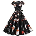 thumbnail image 2 of BLTIBY 2024 Women's Vintage Christmas Dress Xmas Printed 1950s Rockabilly Swing Dresses Short Sleeve Round Neck Lace Cocktail Prom Party Dress Outfits with Belt Black M, 2 of 9
