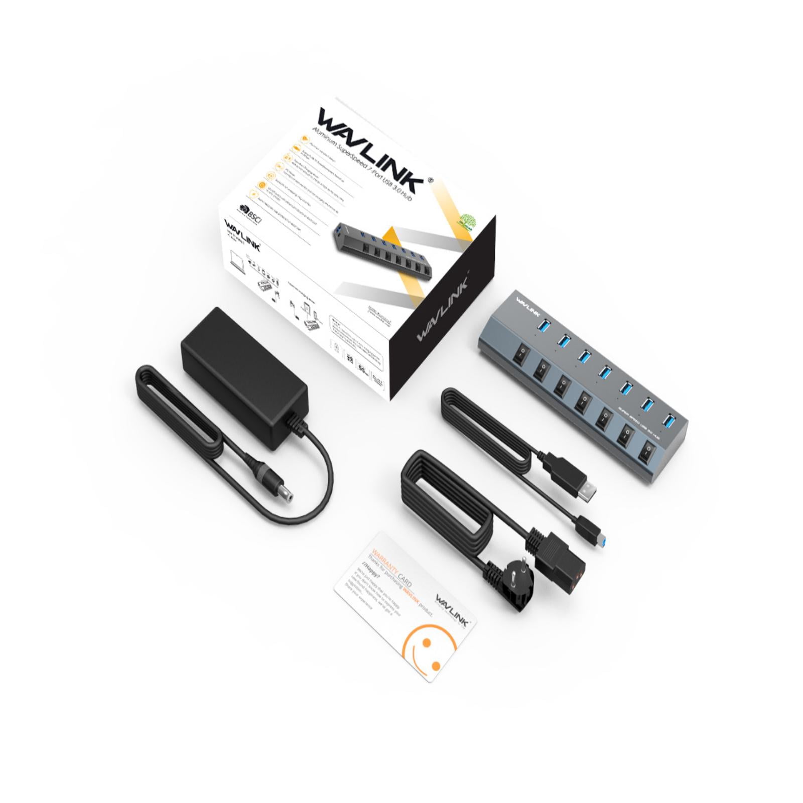 7-Port USB 3.0 Superspeed Hub with 48W Power Adapter, On/Off Switches with BC 1.2 Charging Support for Macbook, iPad, iPhone, Laptops, Tablets, Mobile HDD and more