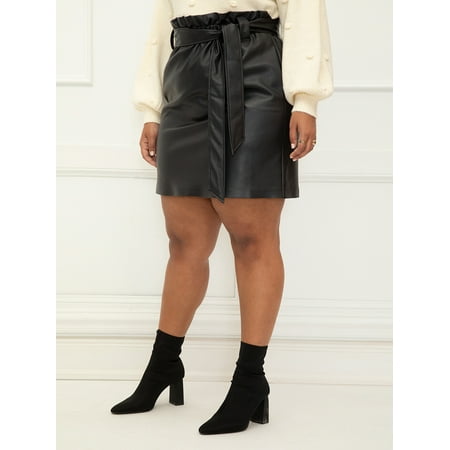 ELOQUII Elements Women's Plus Size Faux Leather Mini Skirt With Tie