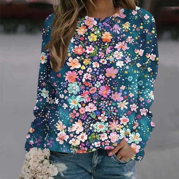 CLOISE Sweatshirts for Women Flower Print Oversized Sweatshirts Crew Neck Long Sleeve Hoodies Shirts Multicolor Raglan Basic Tops Fall Soft Y2k Outfits XL