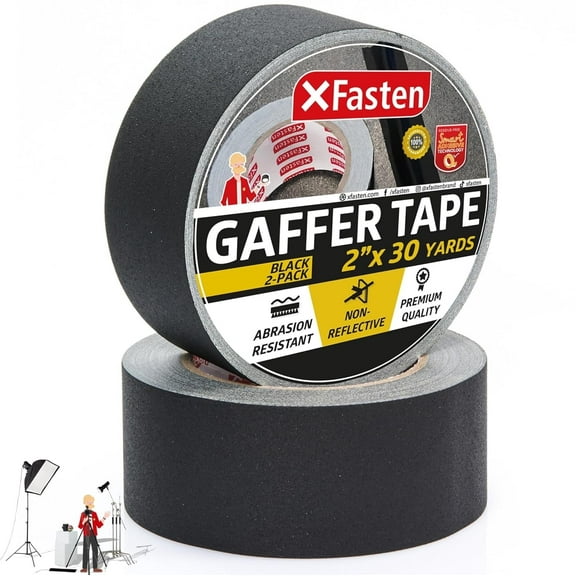 XFasten Gaffer Tape, Black, 2" x 30 Yards, 2 Pack, Heavy Duty Cloth Tape (2-Pack 180-feet Total)
