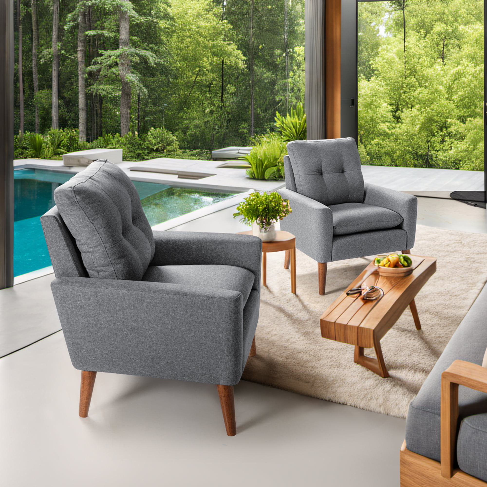 Homall Accent Chair Mid Century Modern Fabric Upholstered Tufted Armchair Wood Legs Lounge Chair for Living Room,Set of 2,Gray