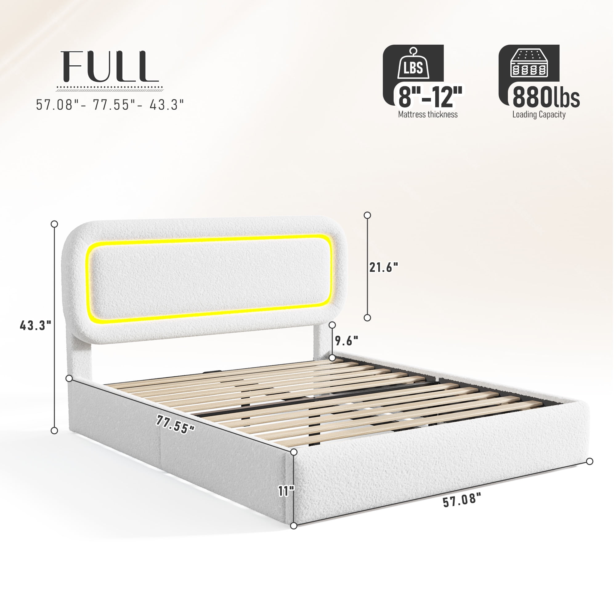 EnHomee Boucle Bed Frame with Rounded Corner Cloud Bed Frame with Headboard Upholstered Bed Frame Full Size ,White