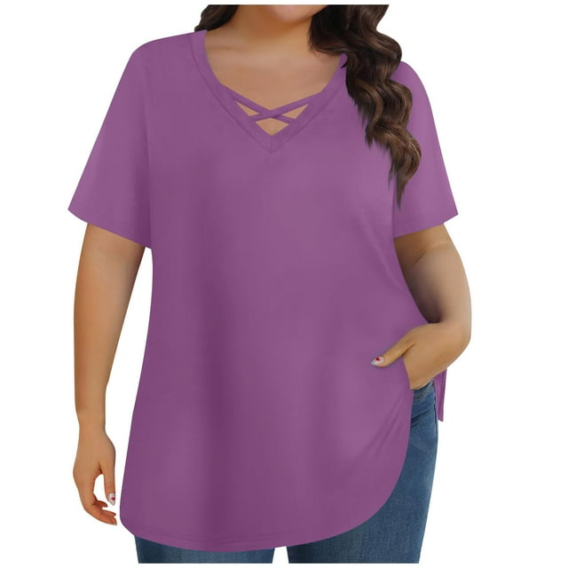 VSSSJ Hauts à Col en V Croisé pour Femmes Grande Taille, Coupe Décontractée, Manches Courtes, Été, Chemise Décontractée Confortable, Violet XXXXXL