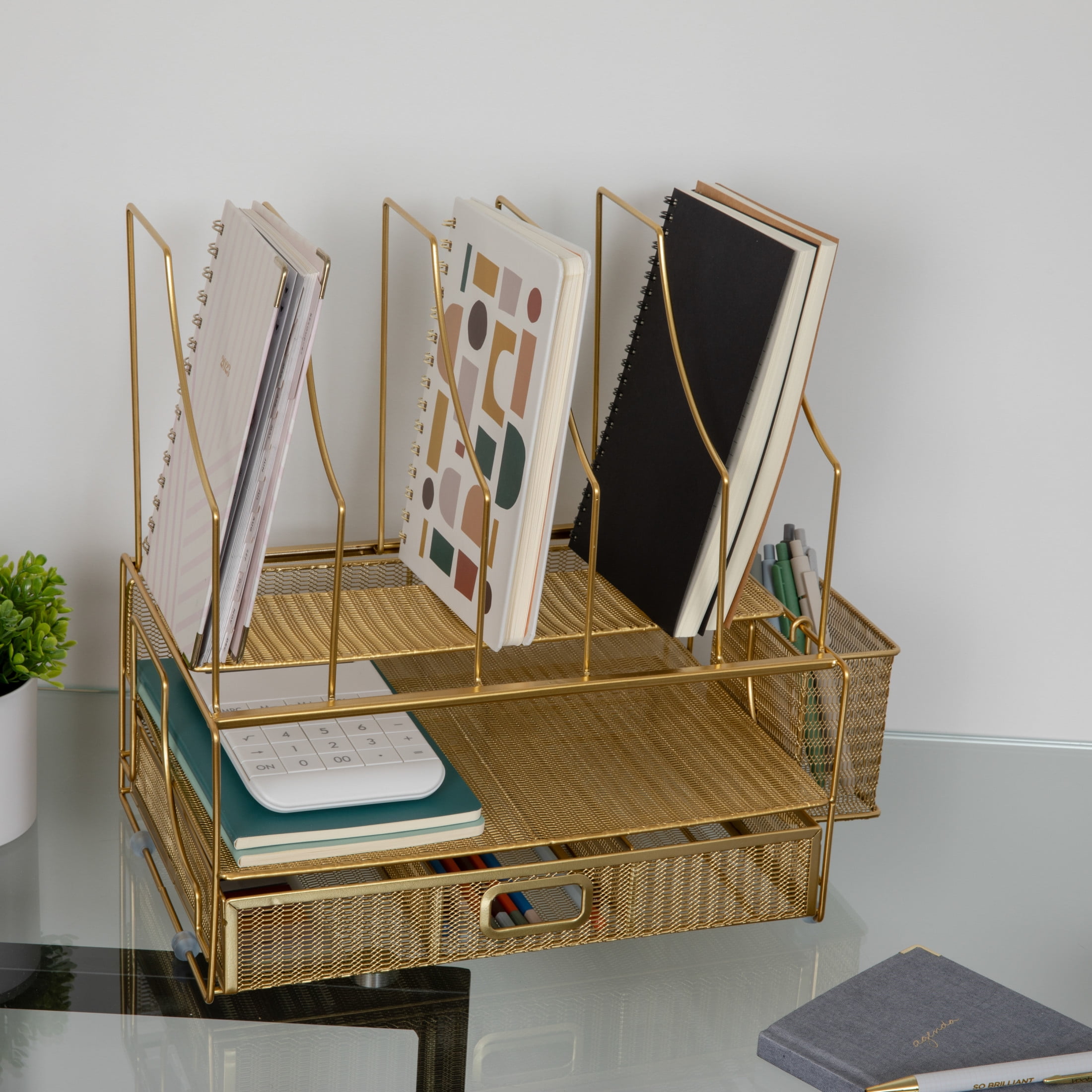 Martha Stewart Ryder Gold Mesh Metal Large Desktop Organizer With Paper File Letter Holder Organizer and Drawer