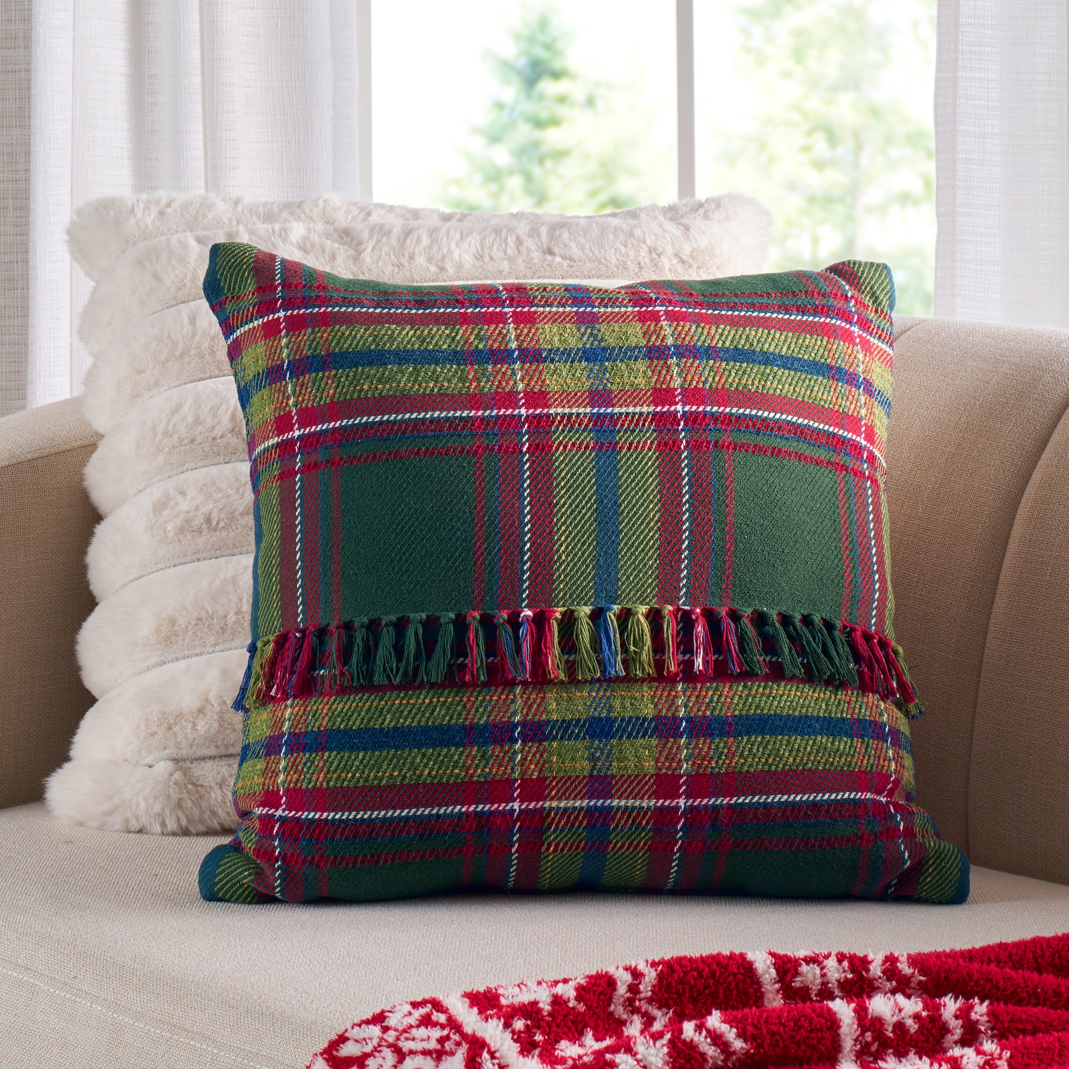 Better Homes & Gardens 20x20 Corin Fringed Plaid Throw Pillow, Green