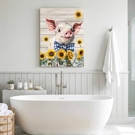 Farms Cute Pigs Canvas Wall Art for Living Room Bedroom Bathroom Sunflower Beige Wood Striped Oil Painting Animal Canvas Art Wall Decor Artwork for Walls Home Office Decor 24 x32