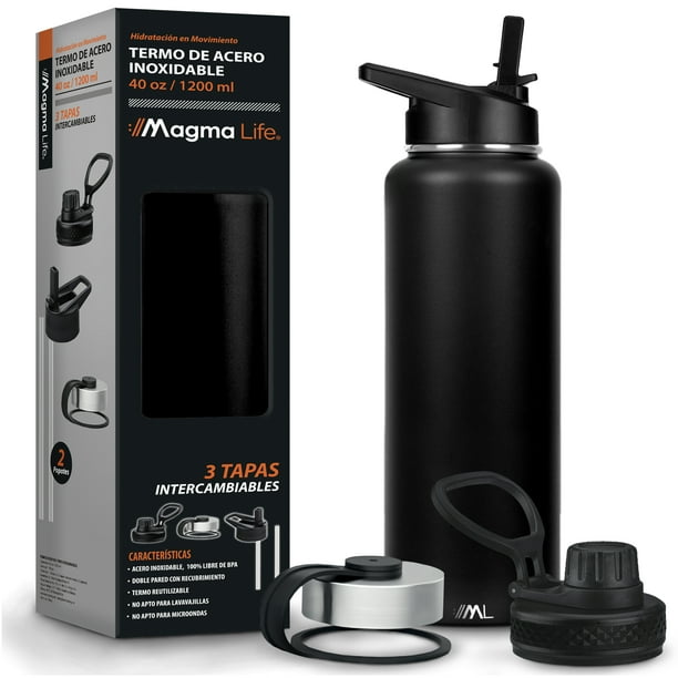 Termo para Café y Agua de Acero Inoxidable 40 Oz (1200 ml): Contiene 3 Tapas para Diferentes tipos de Bebidas, Ideal para Mantener la Temperatura Deseada (Black)