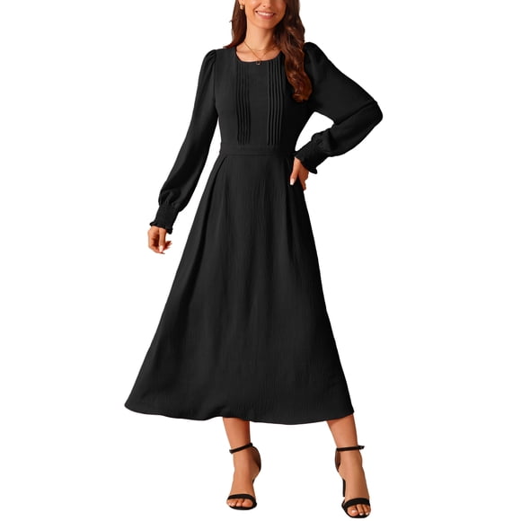 INSPIRE CHIC Women's Dress Crewneck Long Sleeves Frilled A-Line Midi Dresses with Pockets Black L