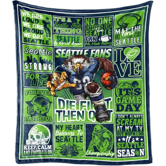 Seattle Gifts for Men Women, Sports Football Style Blanket for Team Fans, Football Decor Throw Blanket for Sofa Couch Bed Living Room 50" X 60"