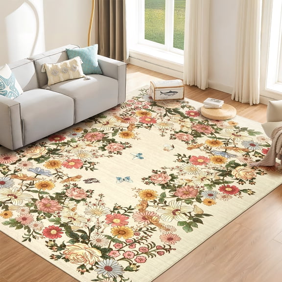 Area Rugs for Living Room, Floral Washable Rug Vintage Large Soft Boho Non-Slip Carpet Indoor Floor Stain Resistant Carpets for Bedroom Dining Room Farmhouse Nursery Home Office