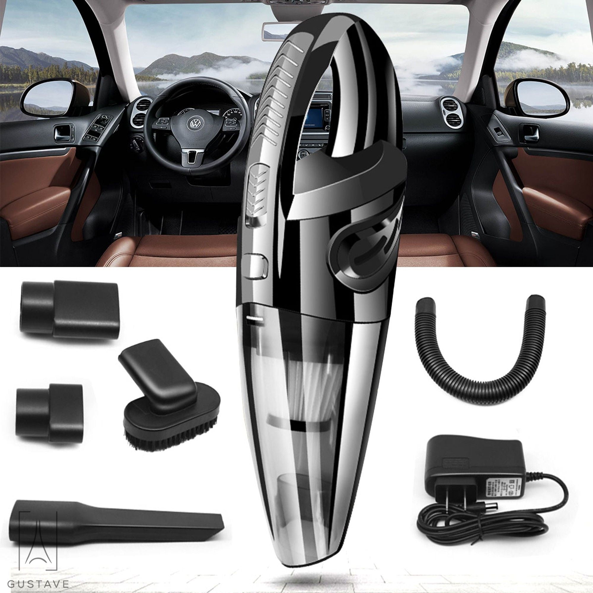 Gustave Handheld Car Vacuum Cleaner, Cordless Vacuum Cyclonic Suction Vacuum Cleaner with Stainless Steel Filter (Bagless) and 6 of Accessories for Home and Car Cleaning