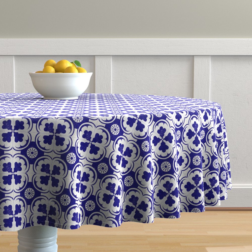 Round Tablecloth Geometric Floral Spanish Tiles Mediterranean Cotton