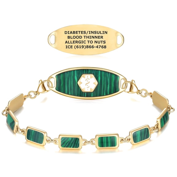Divoti Medical Alert Bracelets for Women, Custom Engraved Malachite Medical ID Bracelet – PVD Gold/White/6.75"