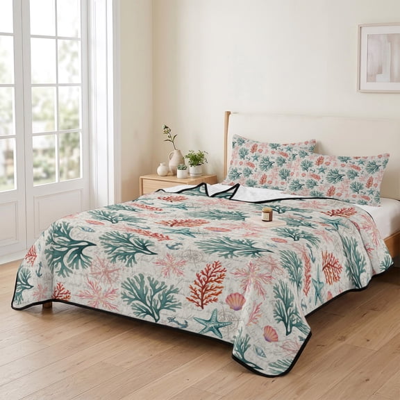 Summer Coral Starfish Seashell 3 Pieces Quilt Set,1 Quilt with 2 Shams,Nautical‌ Anchor Conch Navigation Bedspread Soft Lightweight Bedding Coverlet Comforter Set for All Season 90"x96"