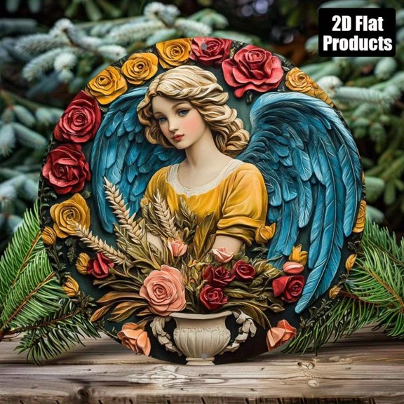 HELLOYOUNG Vintage Round Aluminum Wall Art Blue Wing Angel Pendant Decor for Home