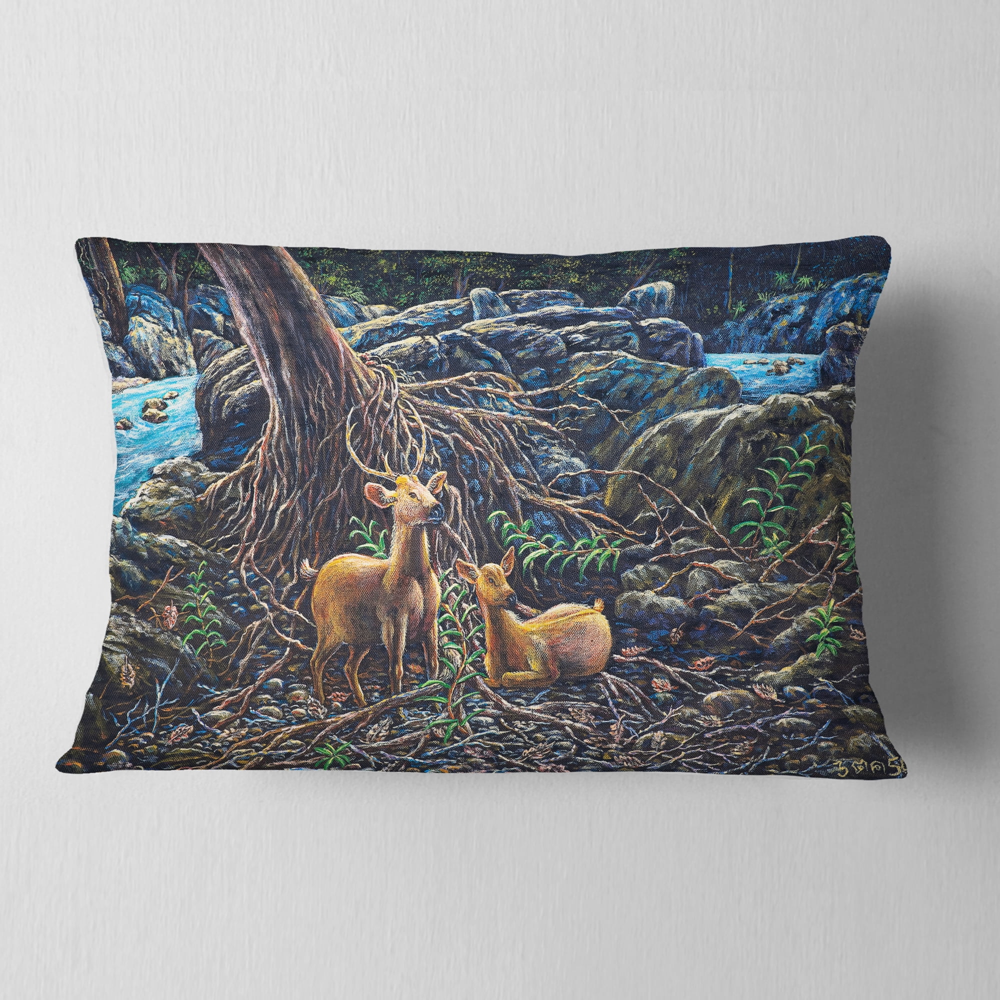 Designart Deer in Forest - Landscape Painting Throw Pillow - 12x20
