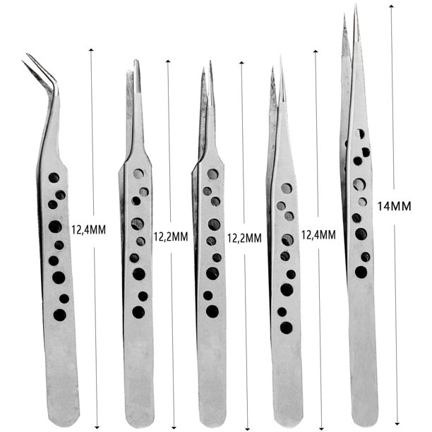 Juego de 5 pinzas profesionales, pinzas de precisión con pinzas rectas y curvas de acero inoxidable para reparación de trabajos electrónicos, laboratorio DIY