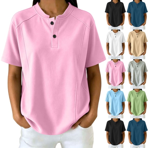 Kinrui Short Sleeve Sweatshirts for Women Casual Crew Neck Button Pullover Tops Lightweight Solid Color Sweater Shirts Blue L