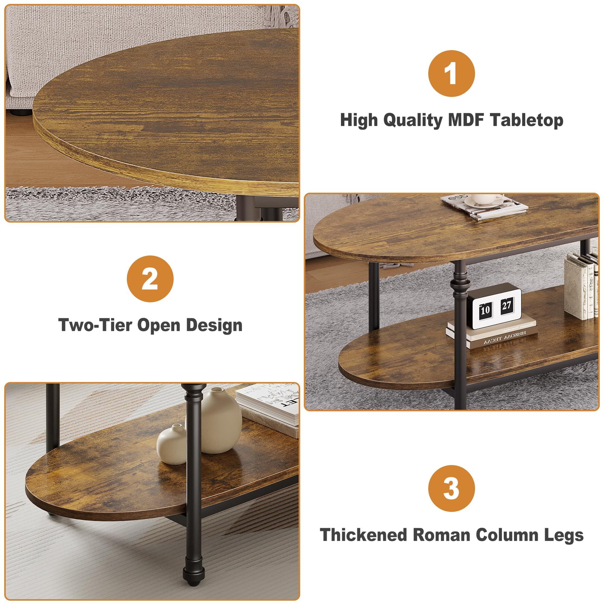 FOLDLIFE Oval Coffee Table with Storage, Low Storage Coffee Table,2 Tier Vintage Center Table for Living Room,Mid Century Coffee Table,Cocktail Table,Brown