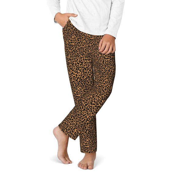 Gukieu Leopard Print Youth Home Trousers, Elastic Waistband with Pockets for Home and Outing, Suitable for Children Aged 5-16-XS(5-6)