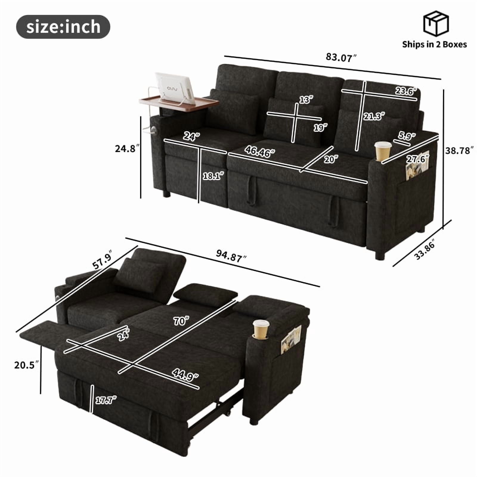 Aukfa 83" Convertible Sofa Bed, Chenille 3-Seater Pull-Out Sleeper Couch with Recliner, USB Port, Swivel Table & Storage Armrests,Black