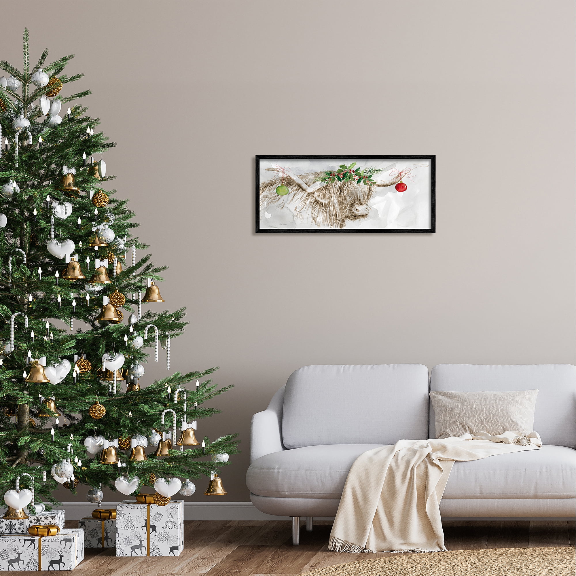 Stupell Industries Cattle with Christmas Ornaments Holiday Painting Black Framed Art Print Wall Art