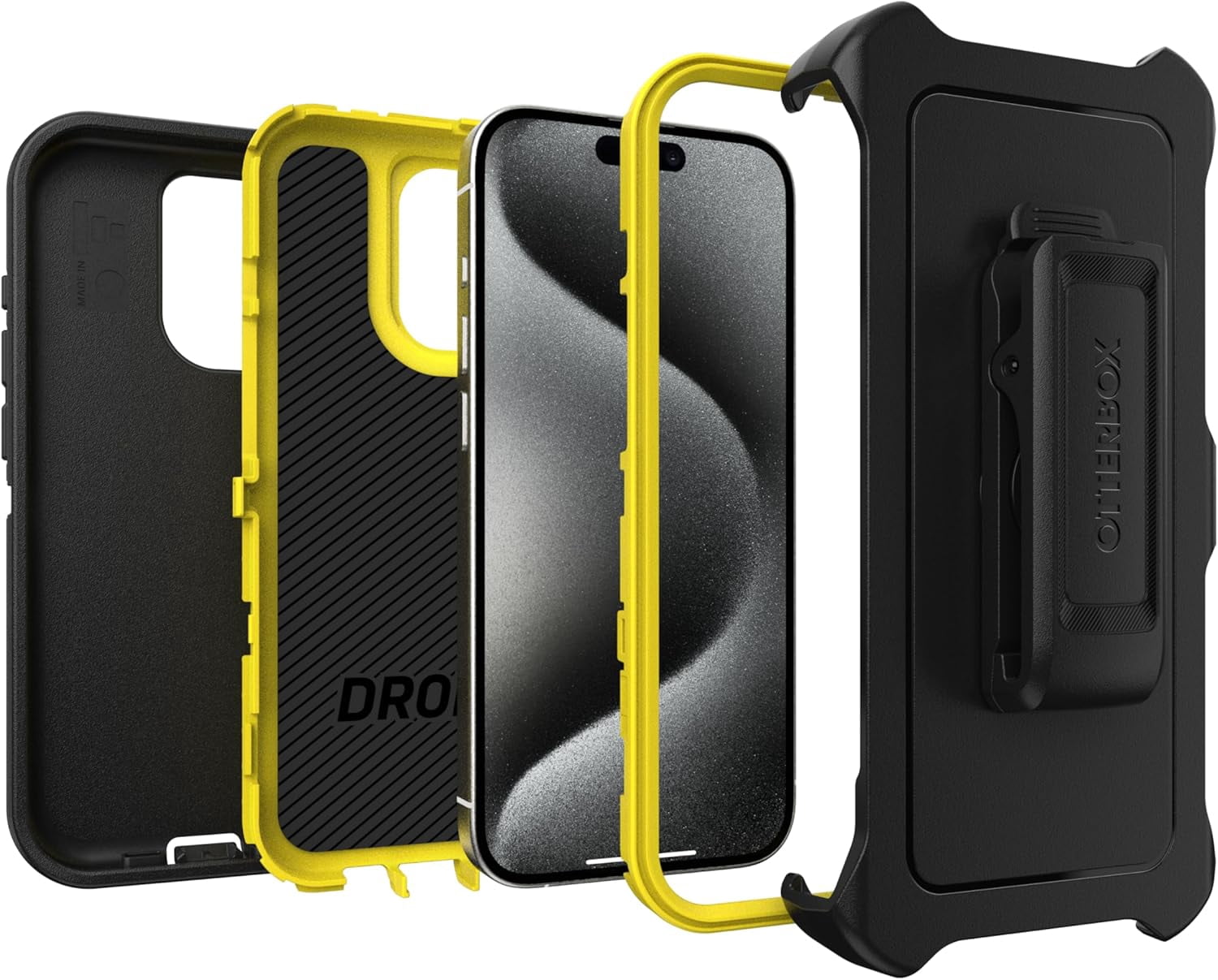 OtterBox iPhone 15 Pro (Only) - Defender Series Case - Night (Black & Yellow) - Screenless - Rugged & Durable - with Port Protection - Holster Clip Includes - Non-Retail Packaging