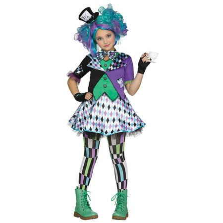 Fun World Alice in Wonderland's Mad Hatter 5pc Girl Costume, Black Green Purple