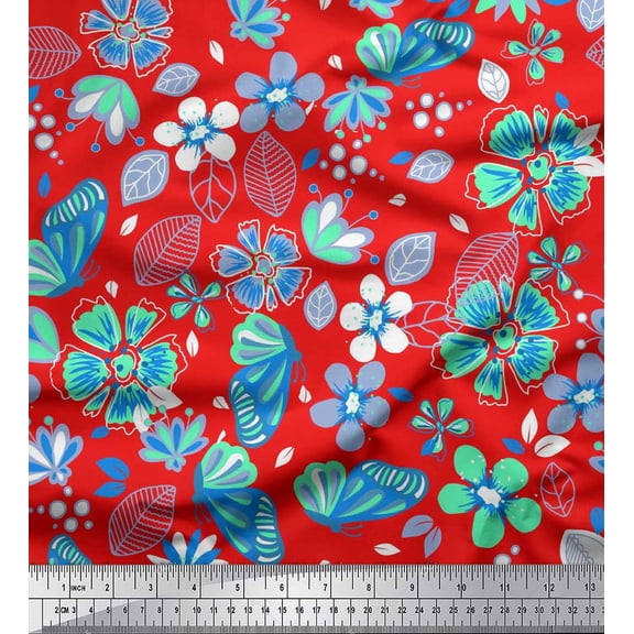 Soimoi Orange Cotton Duck Fabric Leaves,Insect & Floral Artistic Printed Fabric 1 Yard 42 Inch Wide