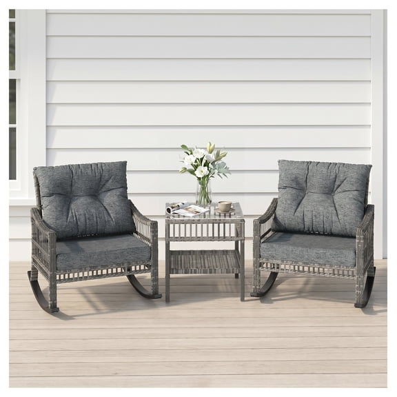 3 Piece Outdoor Rattan Rocker Chair Set, Patio Furniture with Tempered Glass Table, Gray Wicker Rocking Chairs for Backyard, Garden, Porch, Modern Conversation Set