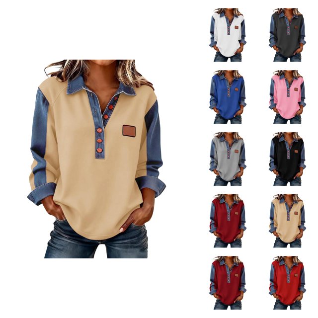 Women's Long Sleeve Shirts 2026 Spring Fashion Button V Neck Lapel Collared Denim Patchwork Casaul Shirts Blouse Tops
