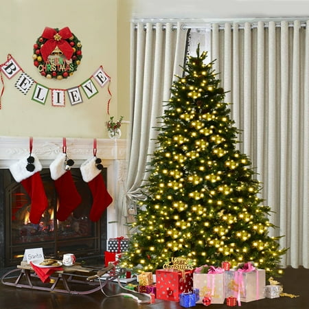 - Costway 7Ft/7.5FT/8FT Pre-Lit Artificial Christmas Tree Hinged w/ 460/540/600 LED Lights & Pine Cones