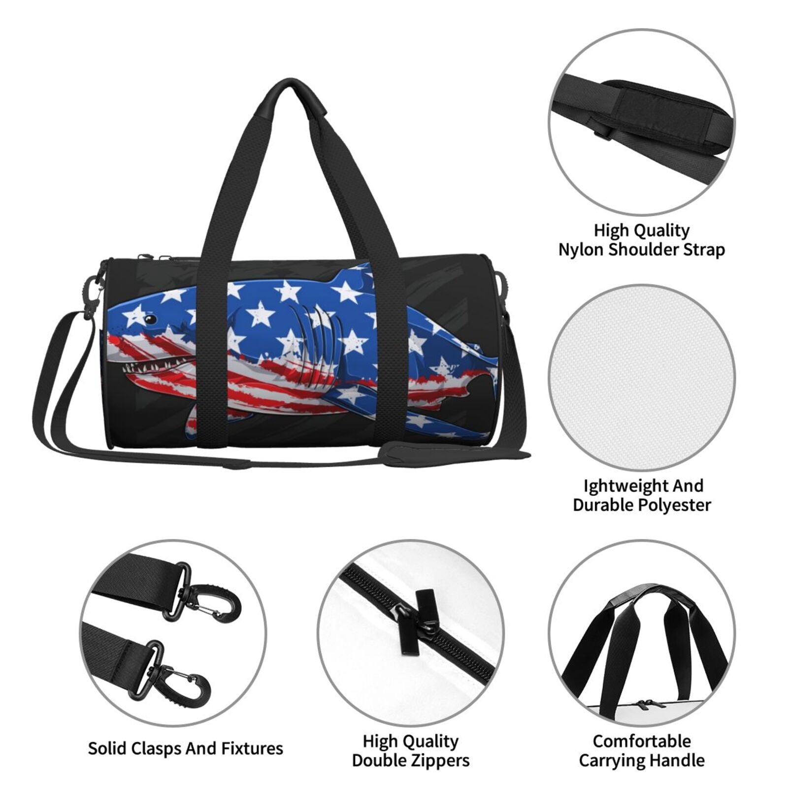 Vsdgher Shark With USA Flag 45L Foldable Duffel Bag, Sports Gym Bag,Overnight Bag, Portable Weekender Bag for Airplanes