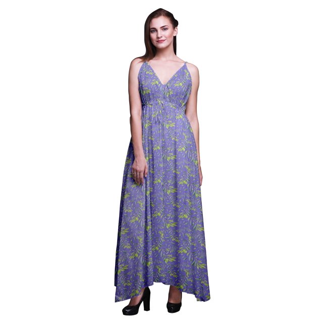 Bimba Robe de Plage Bohème Sans Manches Longue Maxi à Bretelles Imprimée Feuilles pour Femmes - Grande