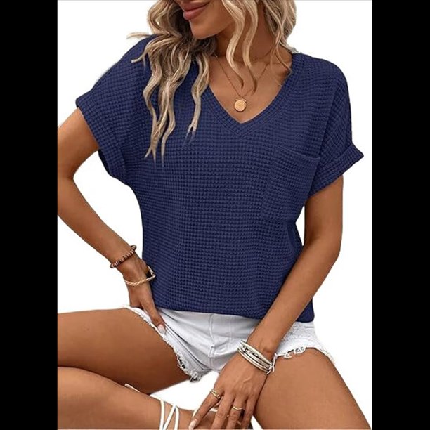 Camiseta Básica de Corta para Mujer, Informal, de Punto Gofre, con Cuello en V, Color Azul Marino, Talla S